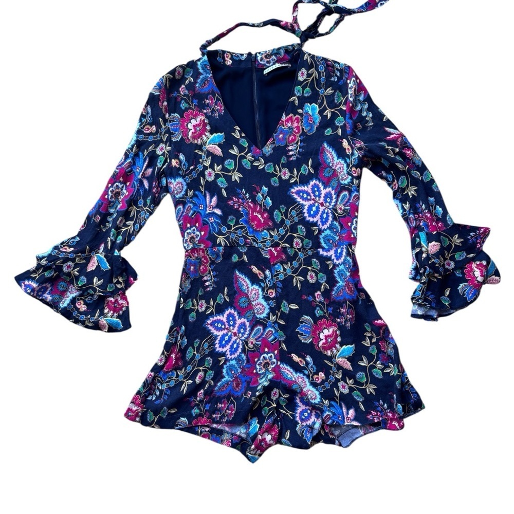 Alice + Olivia Floral Romper Navy Multicolor Long Sleeve Tie Neck Designer